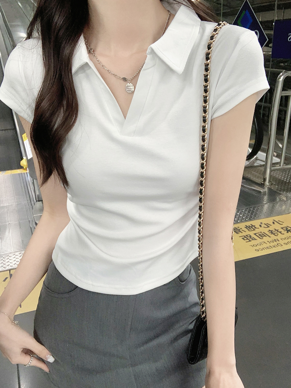 實拍純棉翻領修身短袖t恤女夏季美式辣妹抽褶上衣