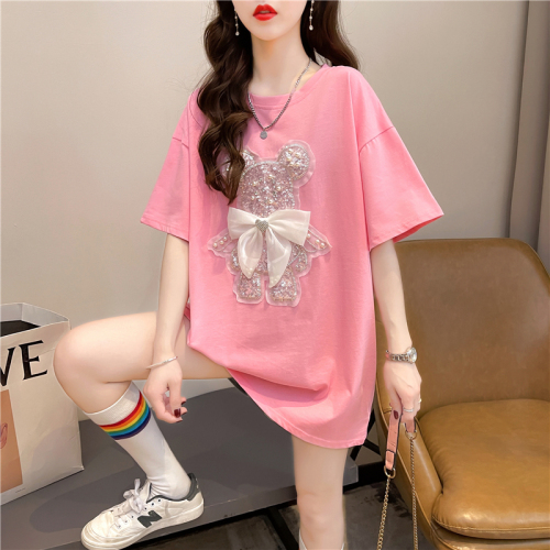 Real shot summer Korean style loose 6535 cotton three-dimensional bow cartoon mid-length large size short-sleeved T-shirt for women
