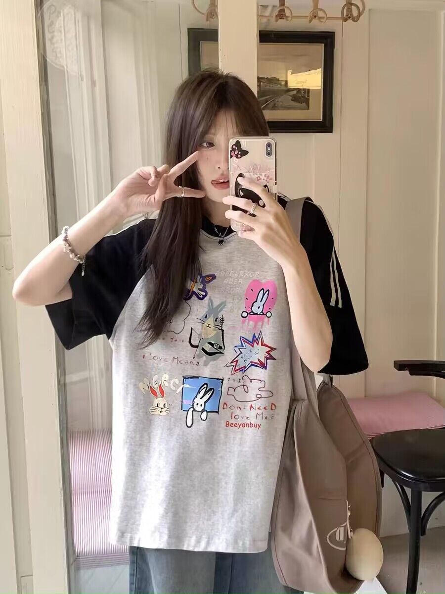 純棉200克21支精梳精密前 印花拼色三條槓落肩短袖t恤女