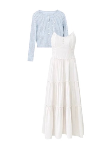 春装搭配一整套小个子茶系穿搭初恋清纯奶甜白色吊带连衣裙子套装
