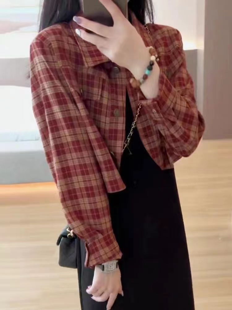 春裝短款復古格子襯衫外套女春秋款2024年新款氣質高級感長袖上衣