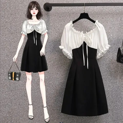 Temperament lady fashion dress female mature lady splicing low-cut contrasting color high-end small fragrant skirt