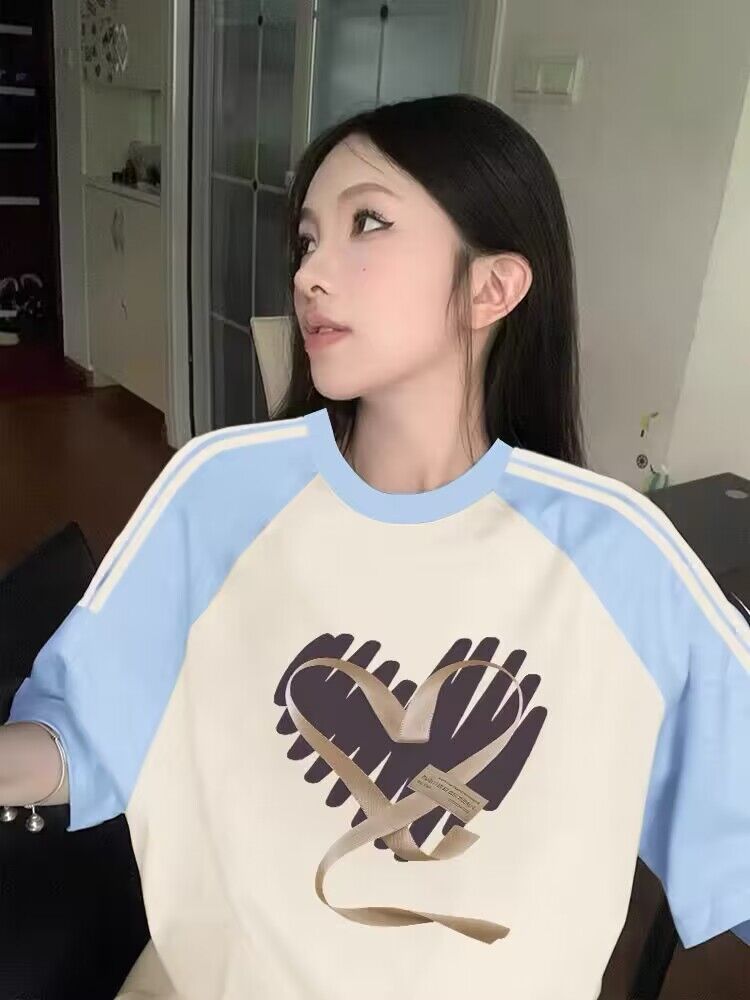 純棉200克21支精梳精密前 印花拼色三條槓落肩短袖t恤女