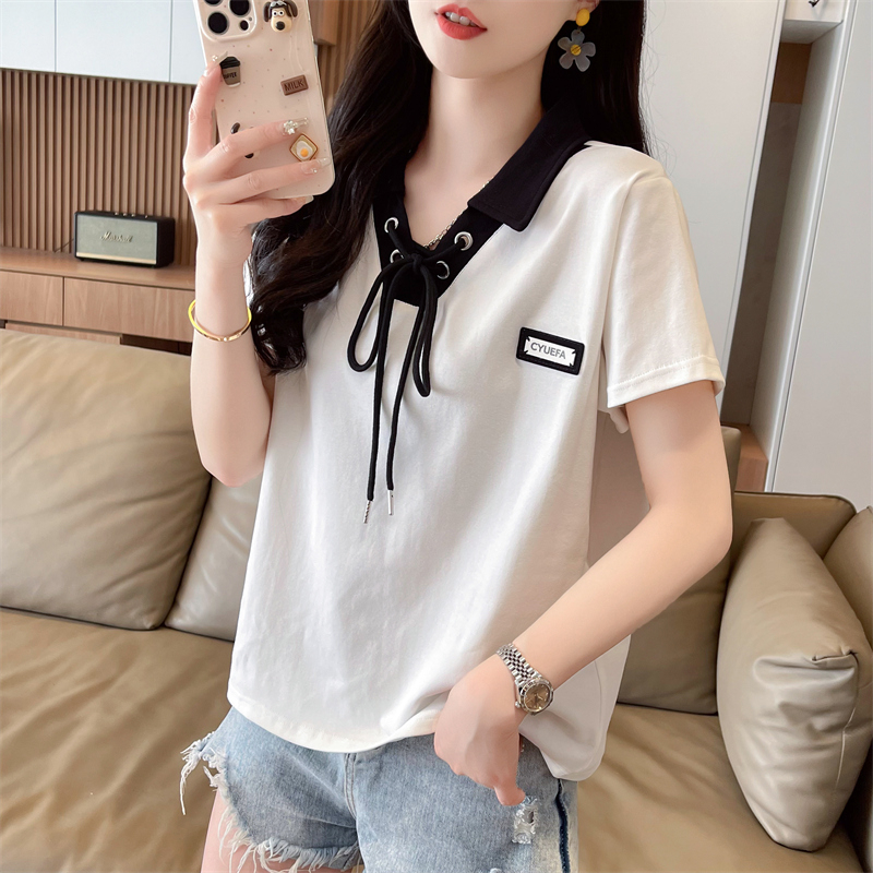 Real shot waffle short-sleeved t-shirt for women retro chic Hong Kong style half-sleeved design niche summer loose polo shirt