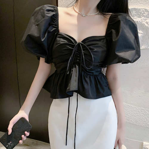 Real shot of French square collar shirt, new puff sleeve design, princess style slimming long-sleeved top