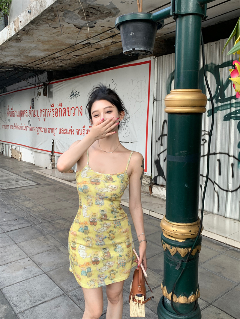 Real shot of Paradise Party Cute Kitten Cute Animal Print Stretch Slim Suspender Dress