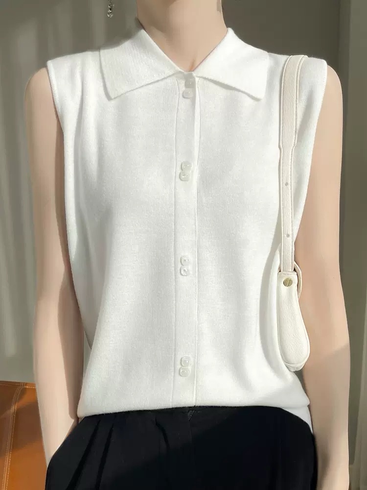 Worsted pure wool vest women's shirt collar sleeveless Polo lapel vest inner layering cashmere knitted bottoming shirt