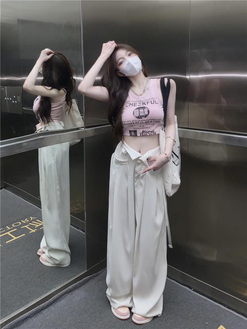 Off-white floor-length casual pants women's summer American overalls high-waisted loose design trousers wide-leg pants