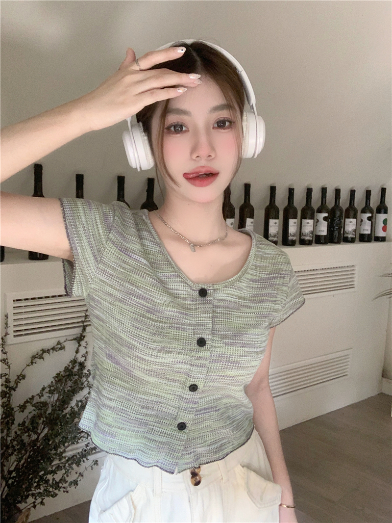 Summer French retro gradient striped slim V-neck pure desire knitted cardigan short-sleeved T-shirt short top for women