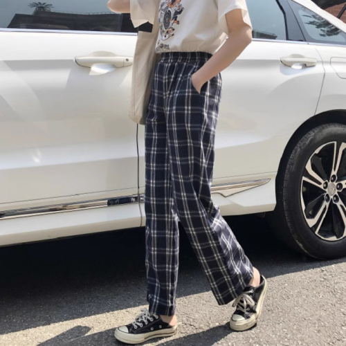 Spring New Retro Plaid Casual Pants High Waist Slim Loose Wide Leg Pants Student Versatile Pants Women