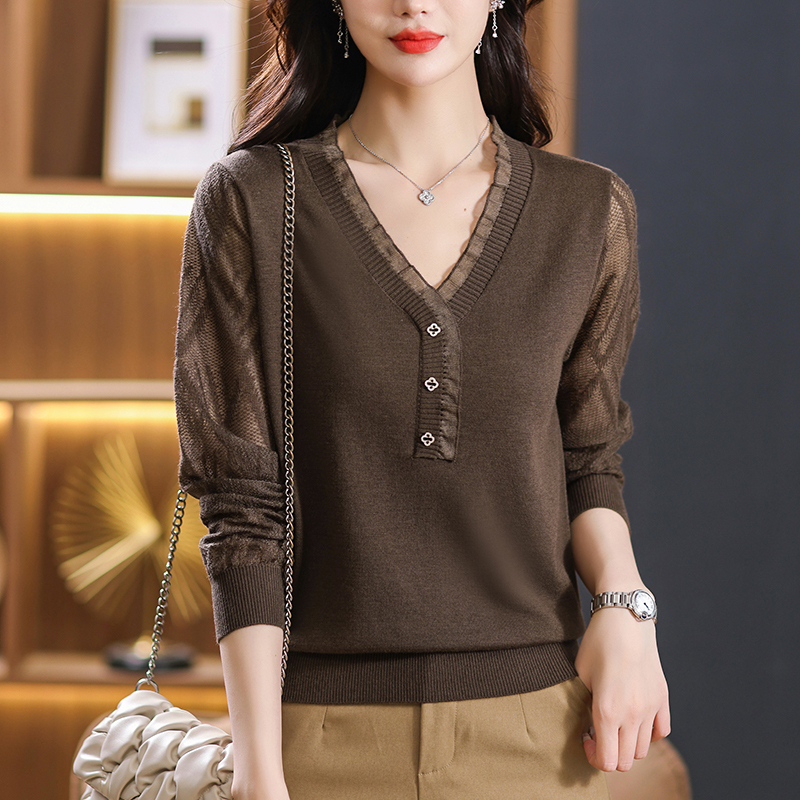 2024 Spring and Summer Woolen Sweater Long Sleeve T-Shirt Women's Short Knitted Top New Style Western Style Lace Bottoming Shirt
