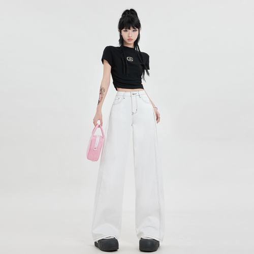 Actual shot of spring loose straight-leg pants, drapey wide-leg pants, white casual simple high-waisted jeans for women