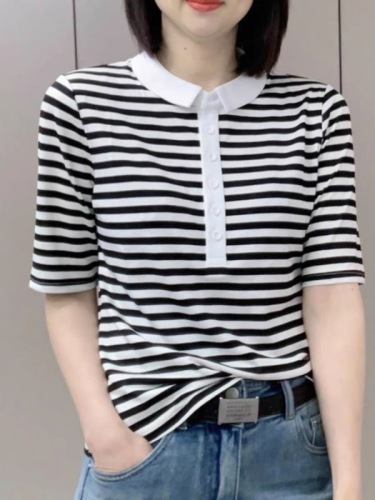 T-shirt for women 2024 new summer casual niche short-sleeved Korean style fashion versatile slimming polo collar top