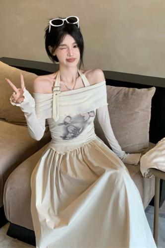 Real shot of pure milky sweet temperament skirt Korean style spring style French niche design halter neck two-piece dress