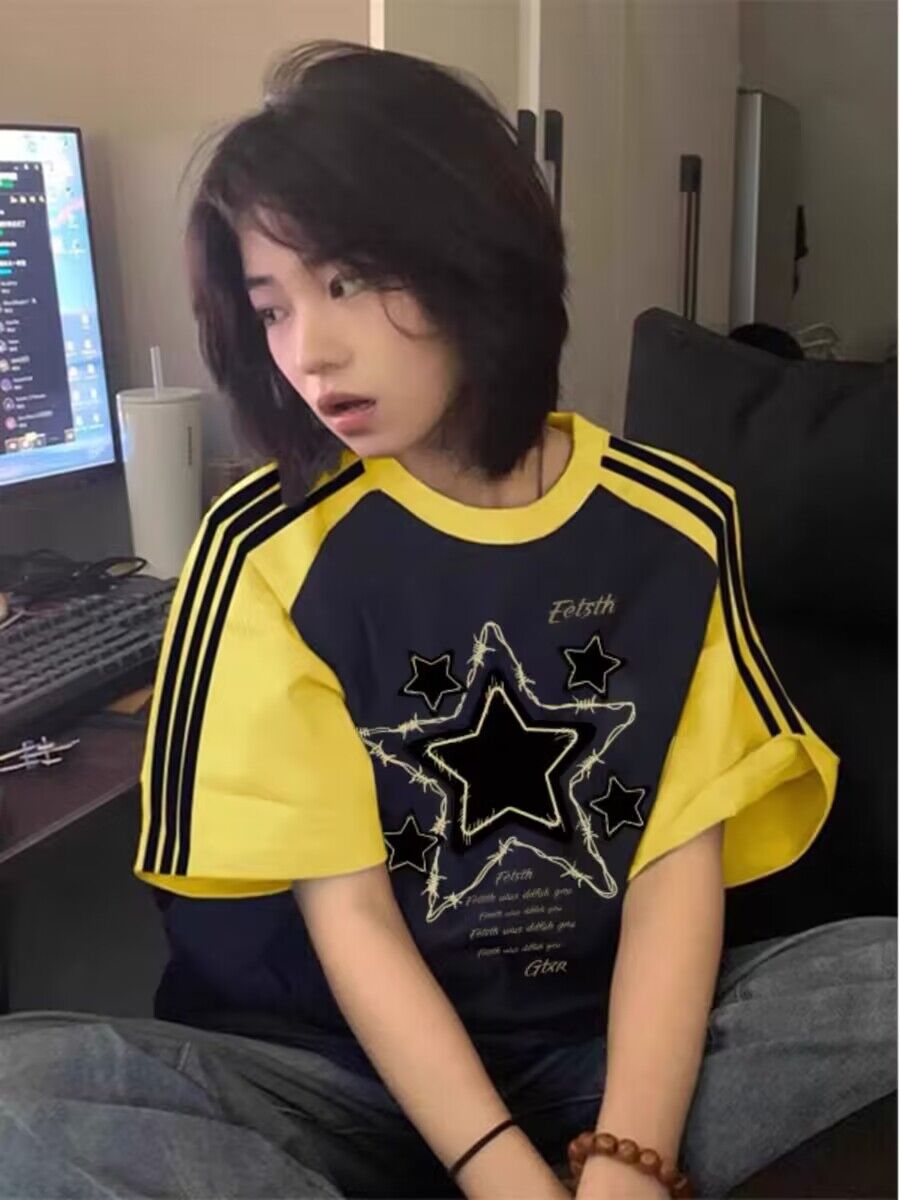 純棉200克21支精梳精密前 印花拼色三條槓落肩短袖t恤女
