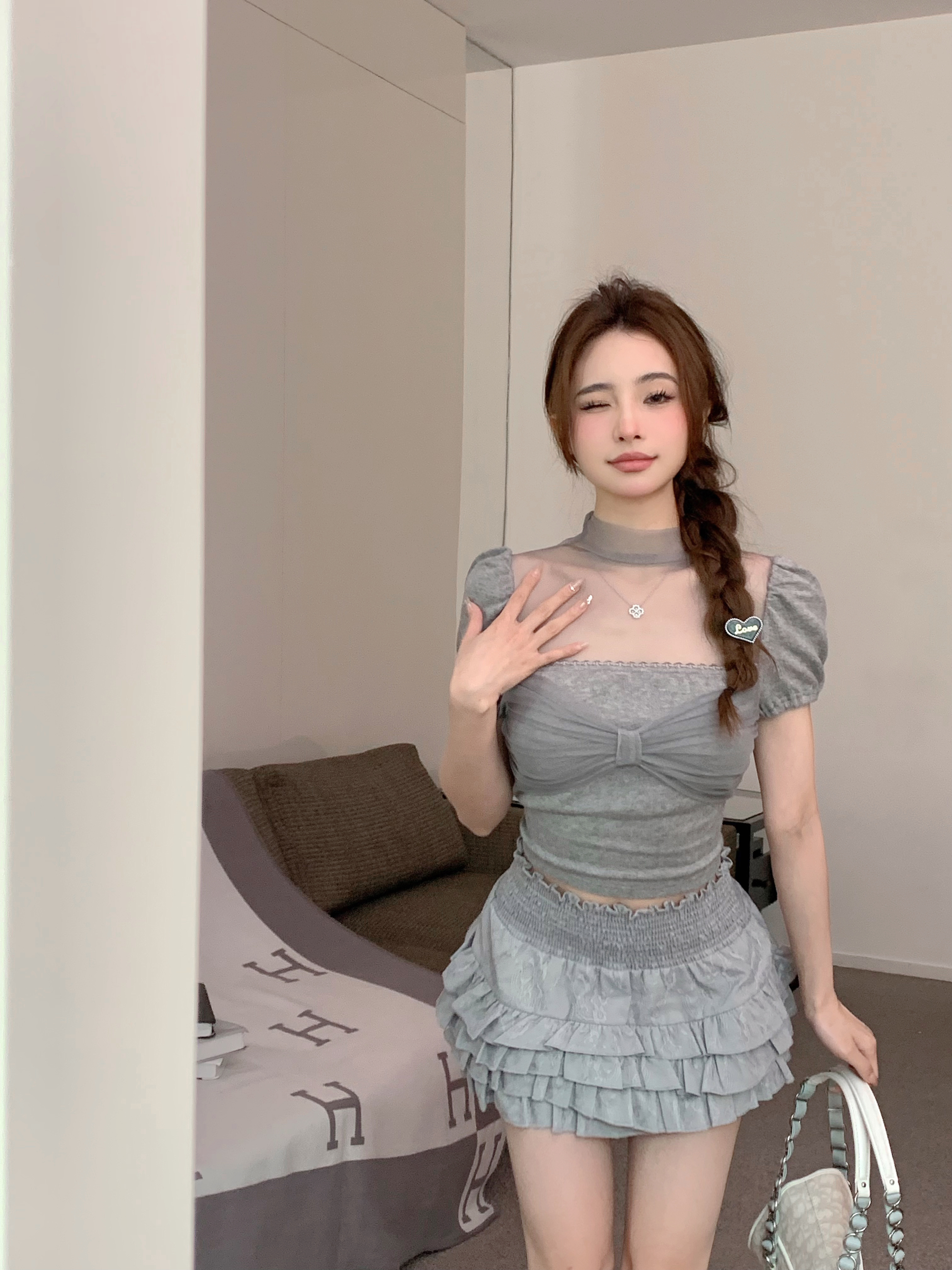泡泡袖網紗T恤女裝設計感夏季蝴蝶結方領甜辣妹氣質短款上衣