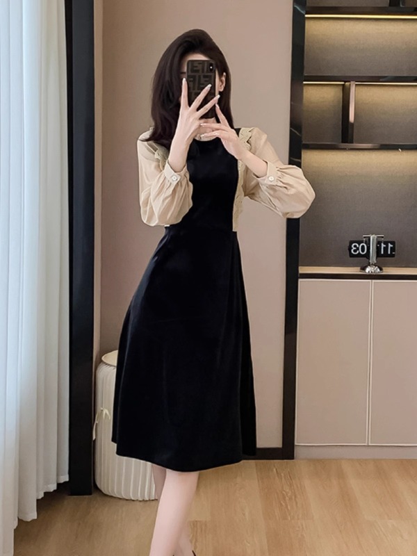 高級感拼接設計感金絲絨中長裙2024新款復古花邊連衣裙女春秋淑女