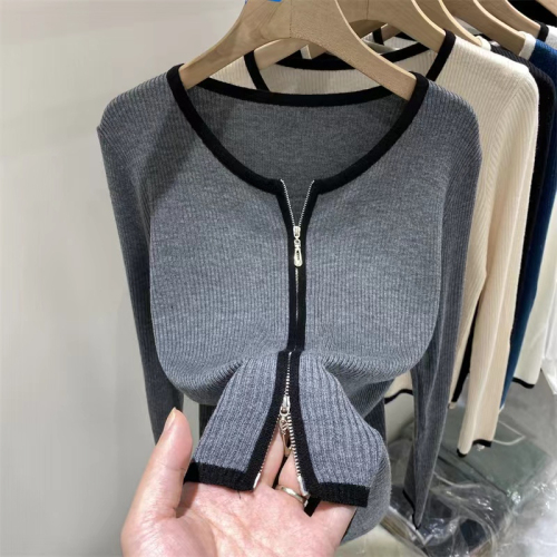European design double zipper soft waxy long-sleeved knitted cardigan for women 2024 autumn new style style bottoming shirt top