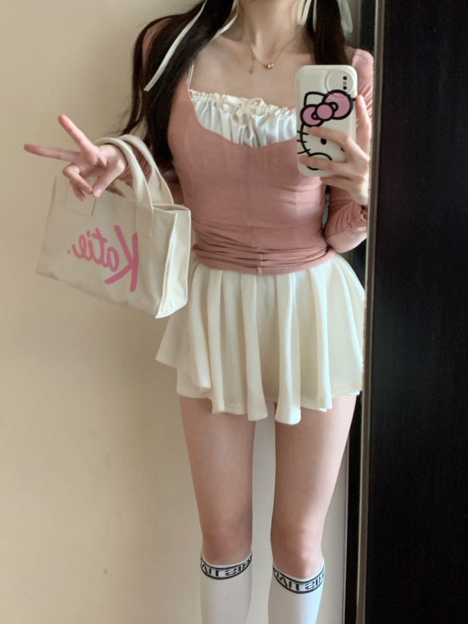 實拍~ 純欲甜美少女芭蕾風疊穿三件套裝