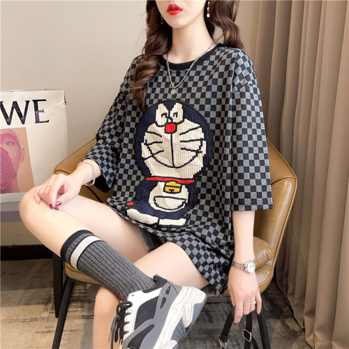 Real shot summer Korean style loose round neck cartoon embroidered plaid top mid-length large size short-sleeved T-shirt for women
