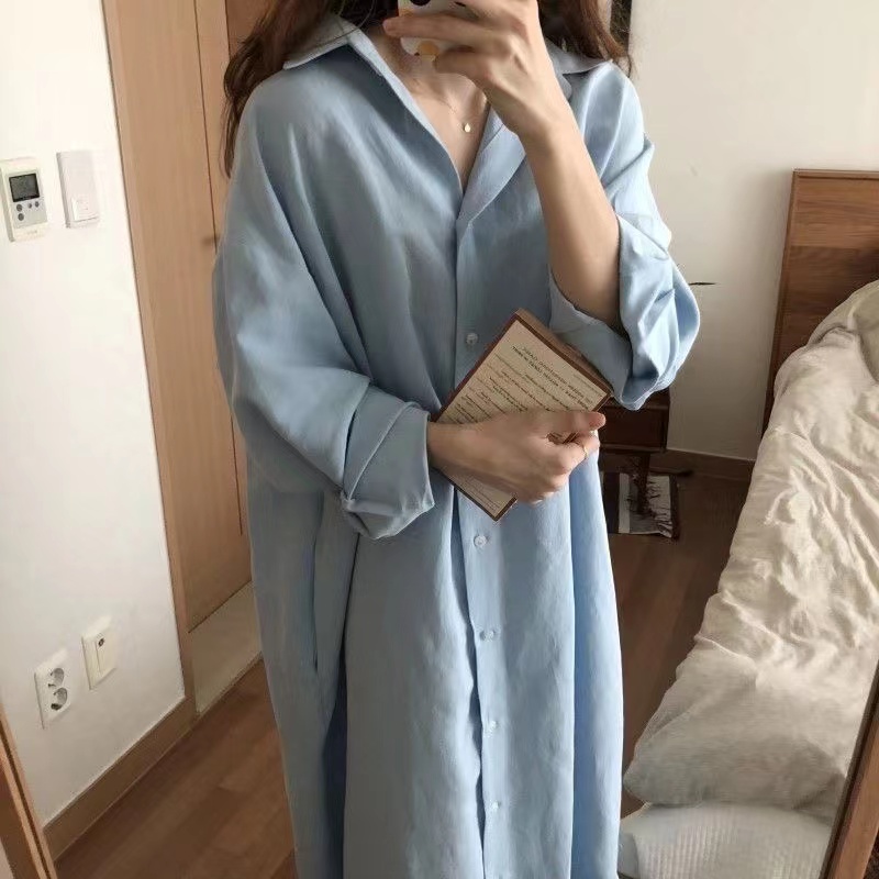 春季新款韓國慵懶風簡約時尚超長款過膝襯衣女裝純色翻領開衫襯衫