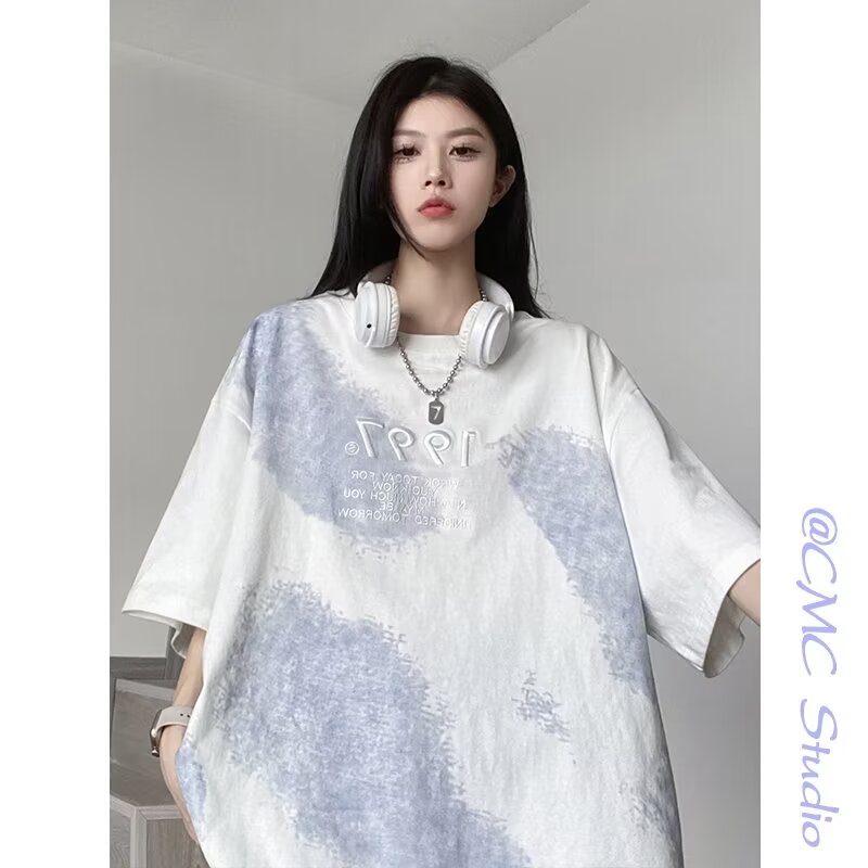 重磅扎染短袖T恤女chic港風潮牌半袖夏季寬鬆oversize設計感上衣