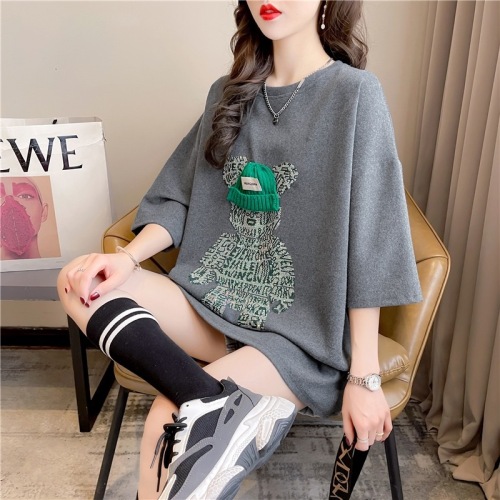Actual shot of summer new style Korean style trendy round neck cartoon diamond loose mid-length large size women's short-sleeved T-shirt for women