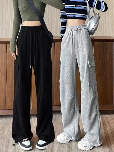 65 high-density mini casual pants for women, spring new high-waisted loose wide-leg American sports pants