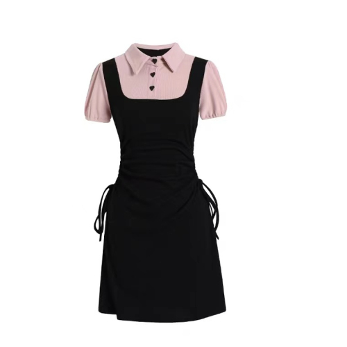 Fake two-piece polo collar college style dress summer new Korean version sweet and spicy style slim fit hip skirt