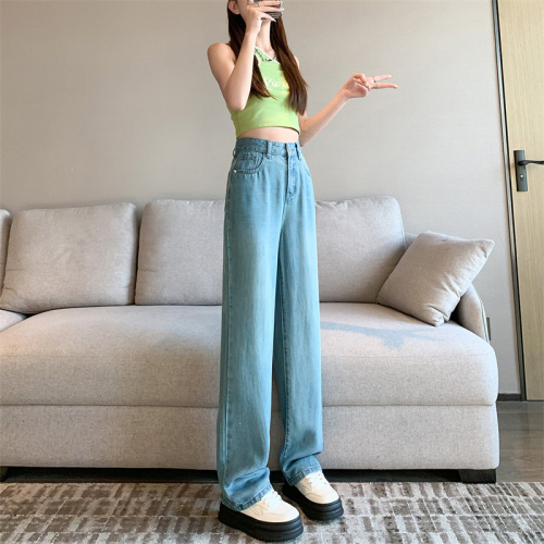 Actual shot of 100% Tencel denim wide-leg pants for women, high-waisted, slim and drapey, summer narrow version of ice silk straight pants