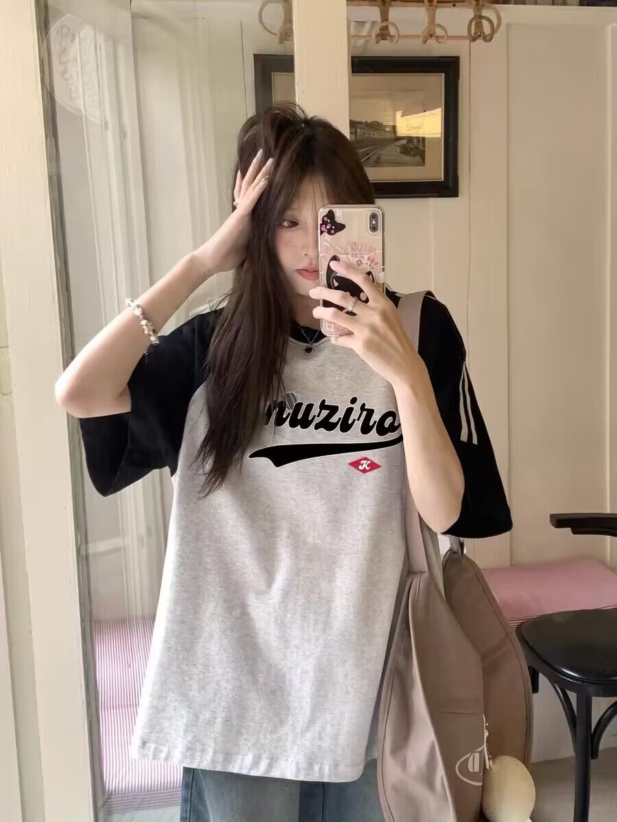 純棉200克21支精梳精密前 印花拼色三條槓落肩短袖t恤女