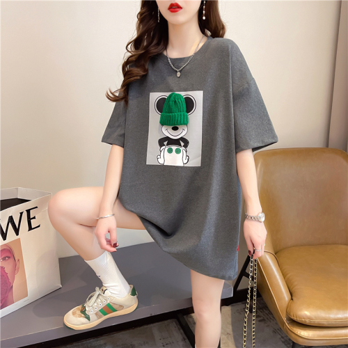 Real shot summer Korean style loose 6535 cotton three-dimensional cartoon print top mid-length large size short-sleeved T-shirt for women