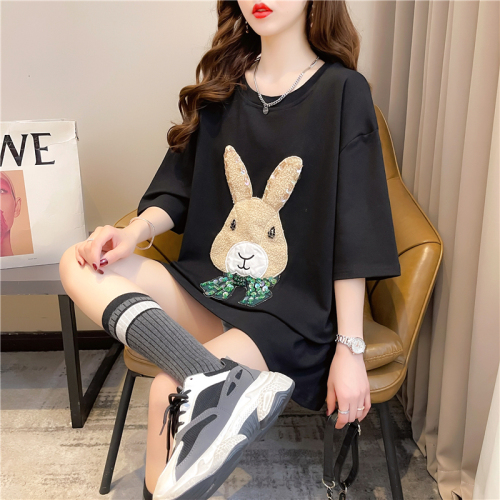 Actual shot of summer Korean style loose 6535 cotton cartoon patch hot rhinestone top mid-length large size short-sleeved T-shirt for women
