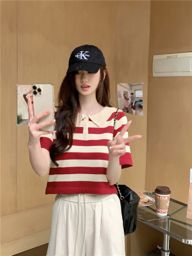 Actual shot of new design short striped POLO shirt short-sleeved knitted top