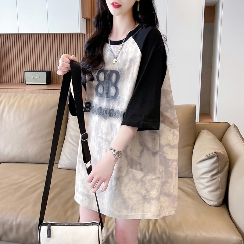 Real shot of pure cotton 200 grams | Back collar | Mid-length contrasting color round neck short-sleeved T-shirt for women