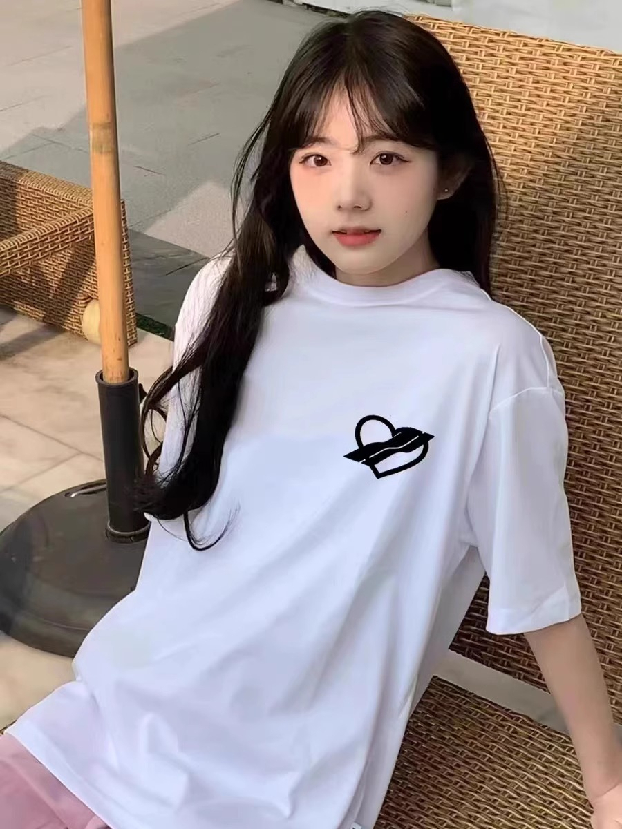 Printed round neck short-sleeved T-shirt for women spring and summer new Hong Kong style loose slimming casual versatile top