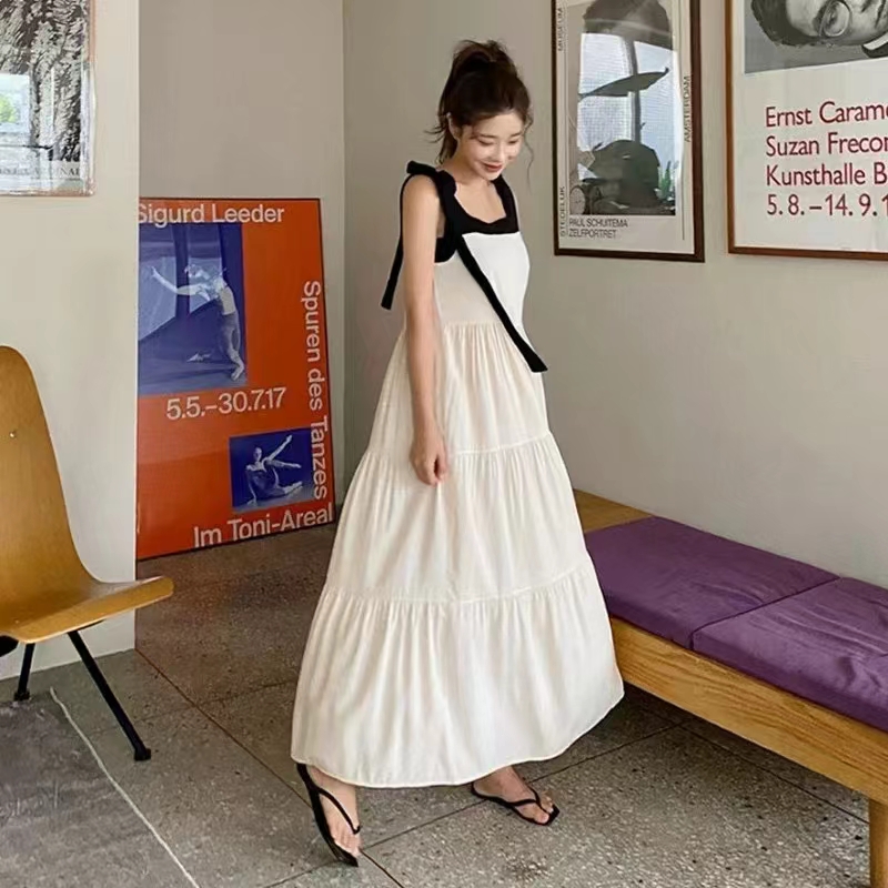 French niche strappy bow romantic loose vest mid-length dress