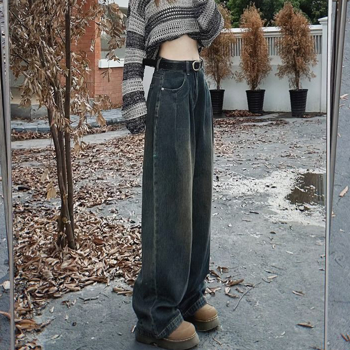 水泥灰寬鬆闊腿牛仔褲女春秋新款小眾復古高腰顯瘦百搭垂感拖地褲