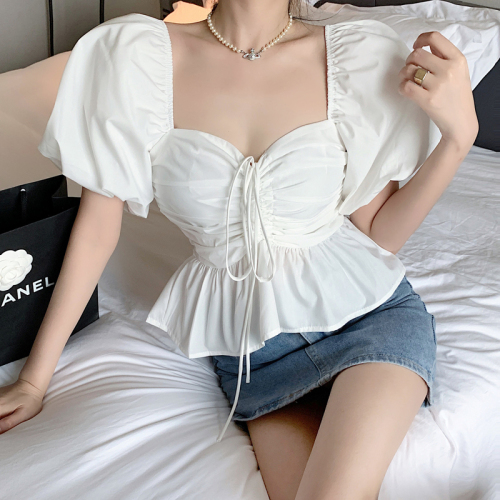 Real shot of French square collar shirt, new puff sleeve design, princess style slimming long-sleeved top