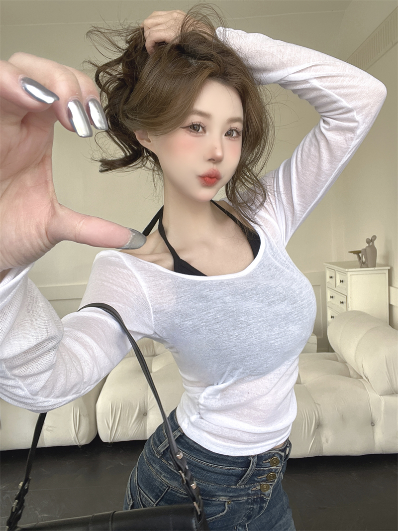 實拍 辣妹純欲風胸墊掛脖抹胸背心兩件套糖果色長袖t恤