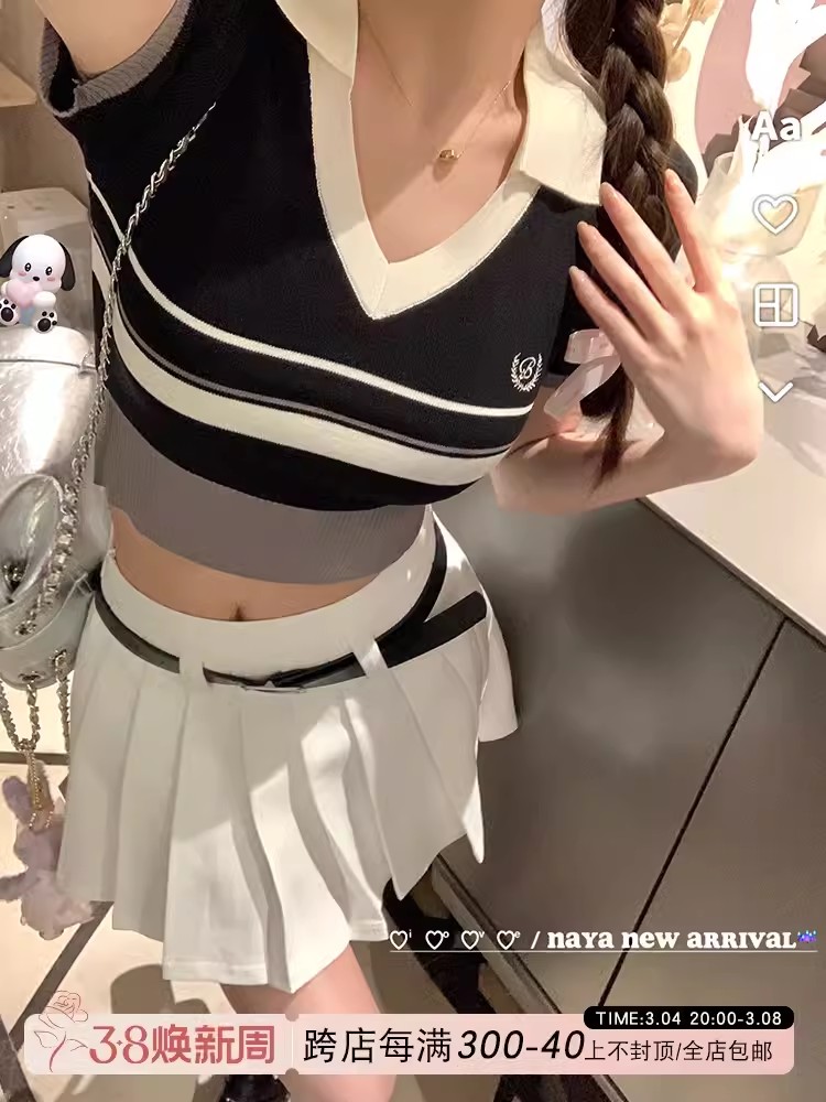 NAYA CHAN撞色條紋polo翻領針織短袖T恤女夏季學院風短款顯瘦上衣