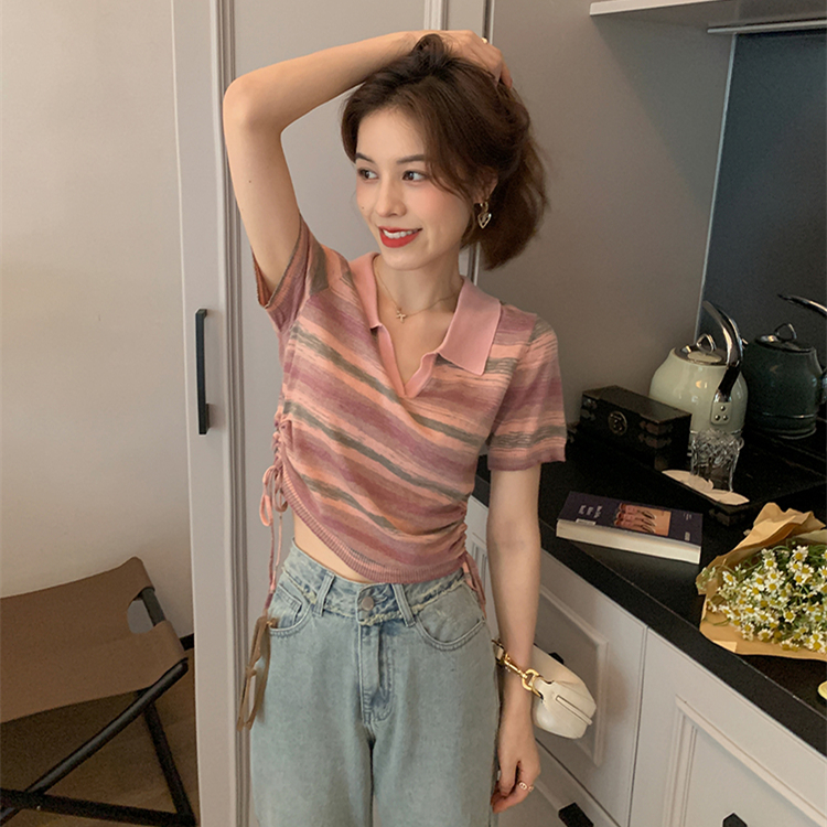 撞色v領針織衫女2024新款夏短款開衫設計感百搭甜美溫柔短袖上衣