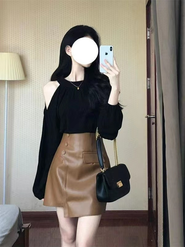 已出貨 韓版氣質黑色長袖露肩T恤女春季新款設計感小眾顯瘦上衣