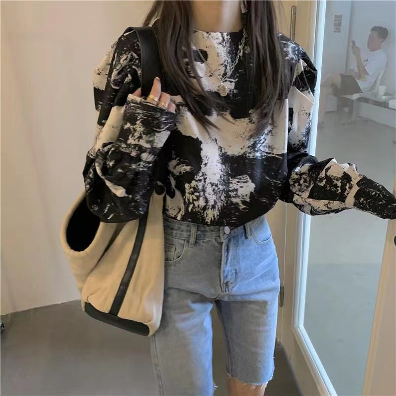 水墨復古印花圓領襯衫上衣女2024年春秋季新款寬鬆長袖襯衣潮