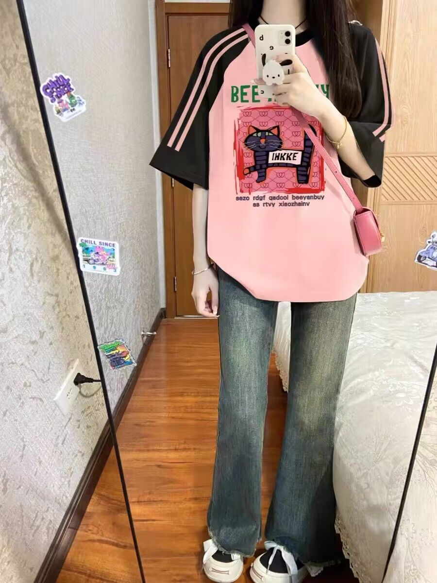 純棉200克21支精梳精密前 印花拼色三條槓落肩短袖t恤女
