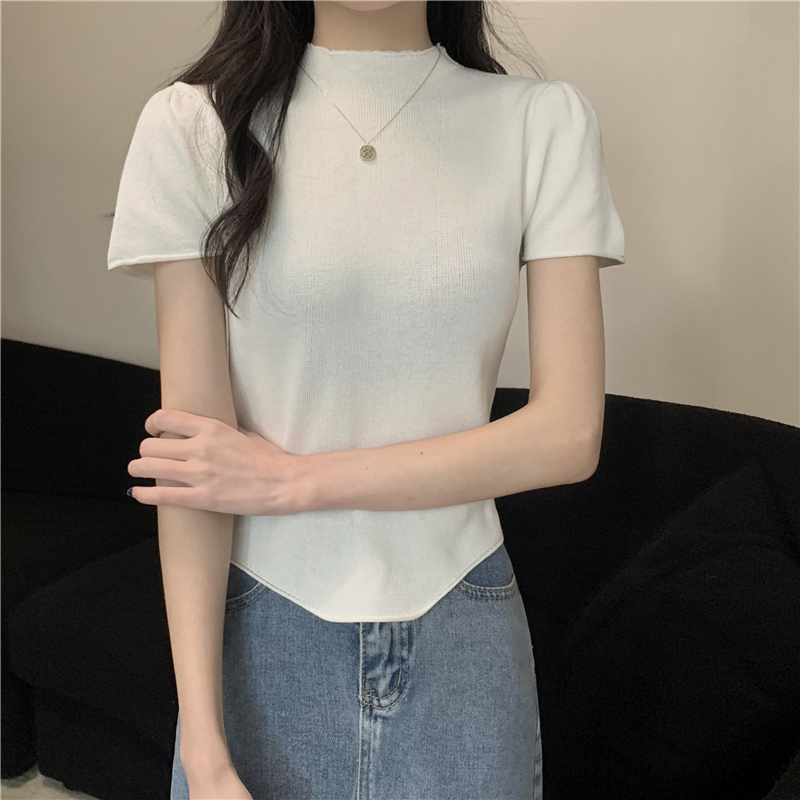 Real shot Summer new half turtleneck pleated design knitted sweater short-sleeved top for women