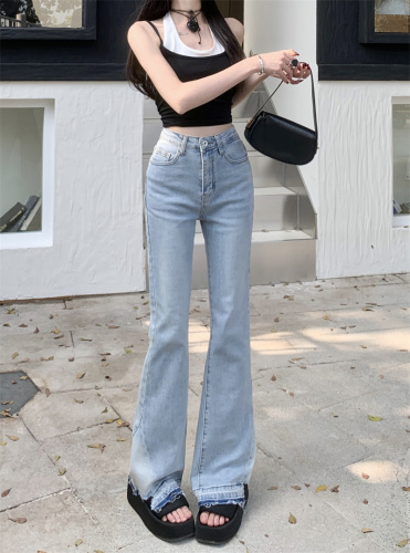 Actual shot of new high-waisted elastic slightly flared slim-fitting long raw edge jeans for women