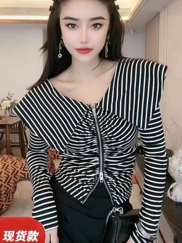 Navy collar double zipper striped knitted cardigan for women spring and autumn Korean version slimming design doll collar T-shirt