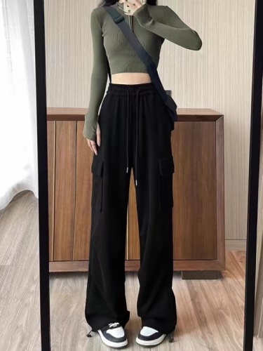 65 high-density mini casual pants for women, spring new high-waisted loose wide-leg American sports pants