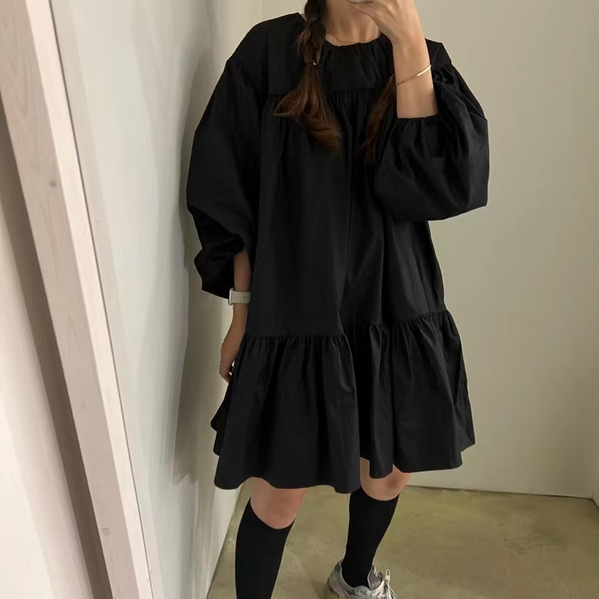 韓國chic 春秋季復古圓領拼接層次感設計寬鬆長袖連衣裙
